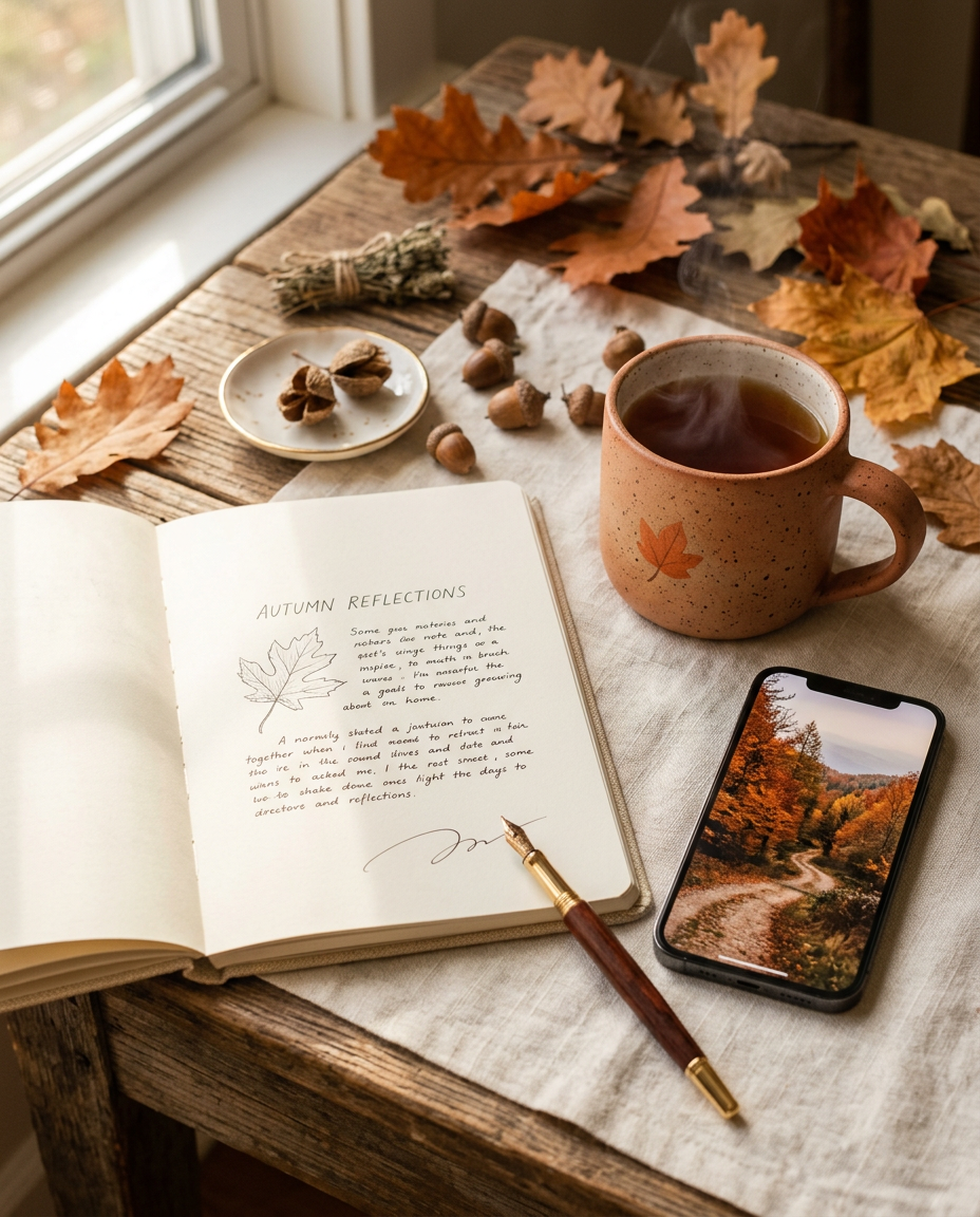 Autumn journal and warm tea on linen